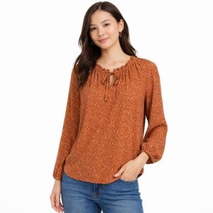 EUC Women's LOFT Outlet Mixed Media Peasant Blouse Size L Brown Rust